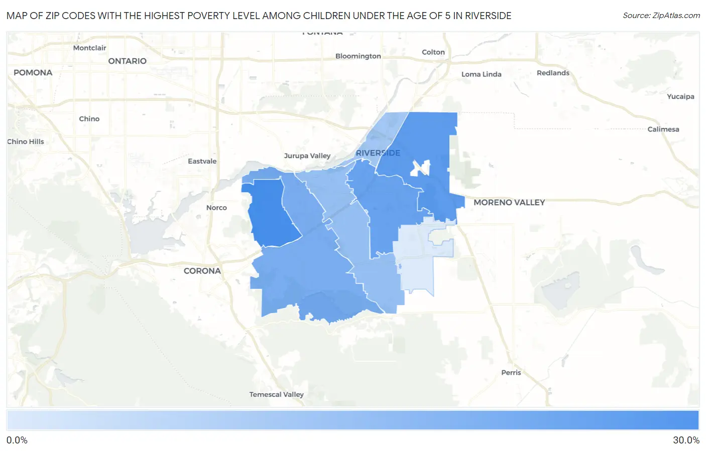 Zip Codes with the Highest Poverty Level Among Children Under the Age of 5 in Riverside Map