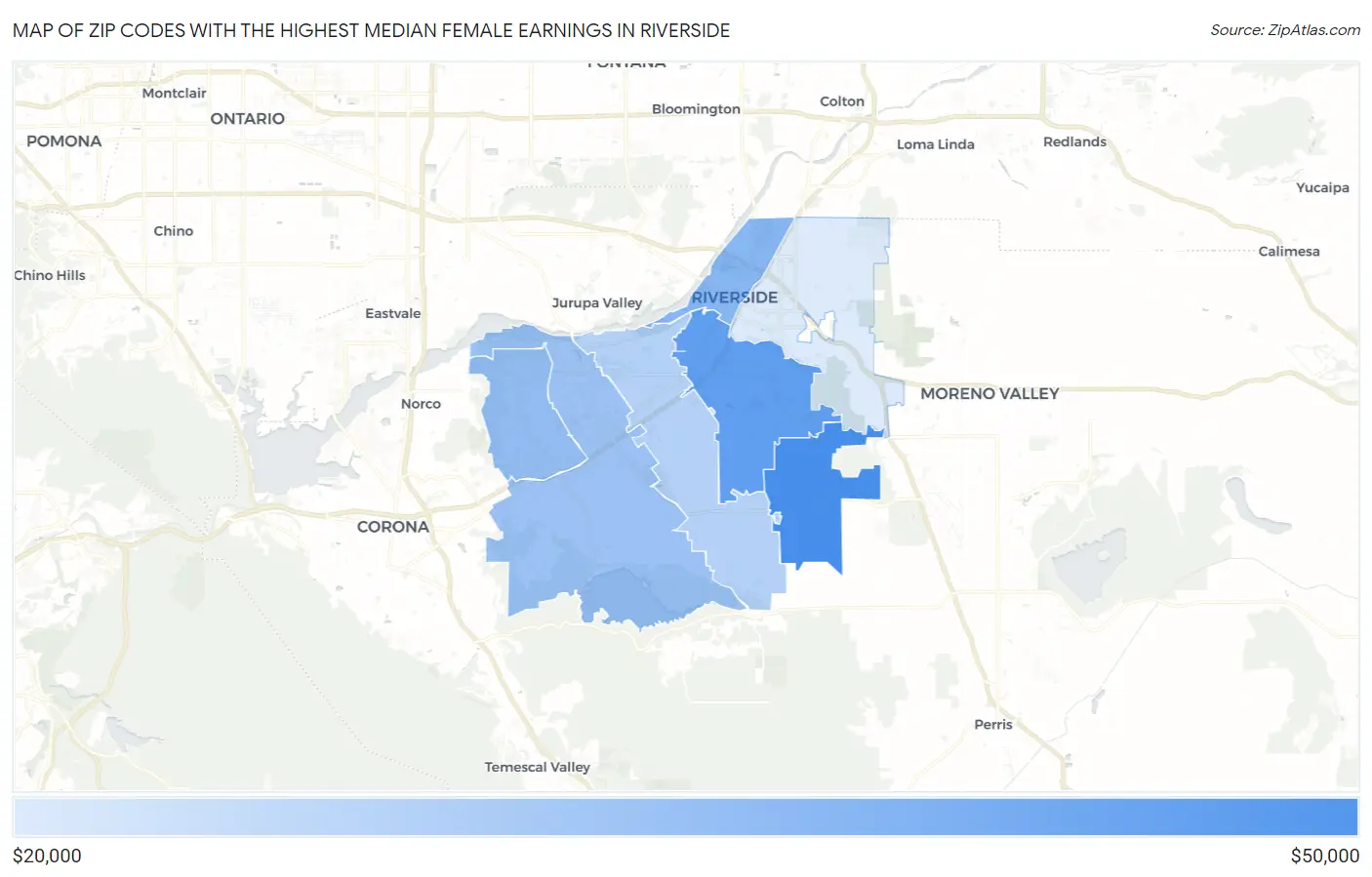 Zip Codes with the Highest Median Female Earnings in Riverside Map