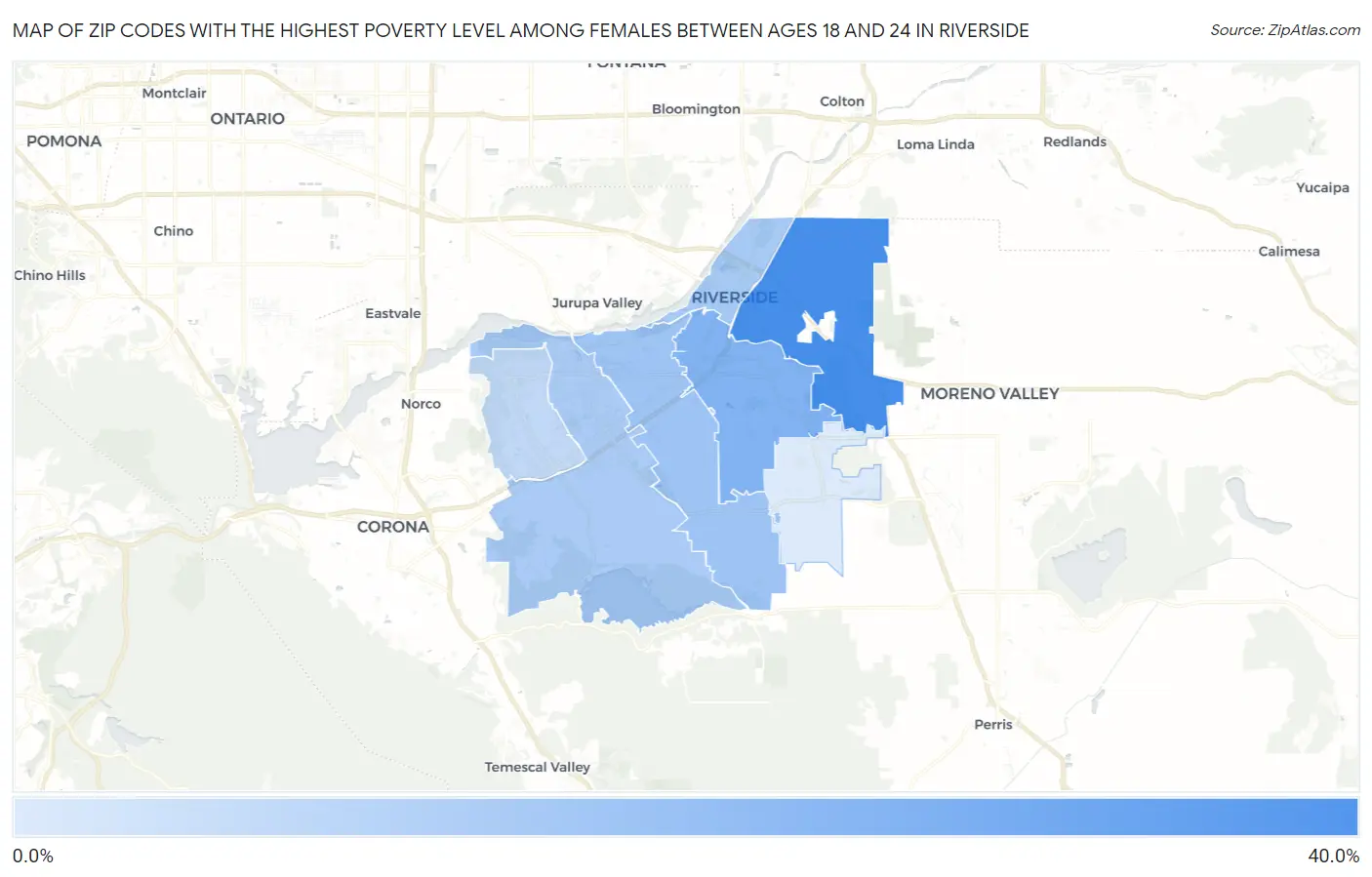 Zip Codes with the Highest Poverty Level Among Females Between Ages 18 and 24 in Riverside Map