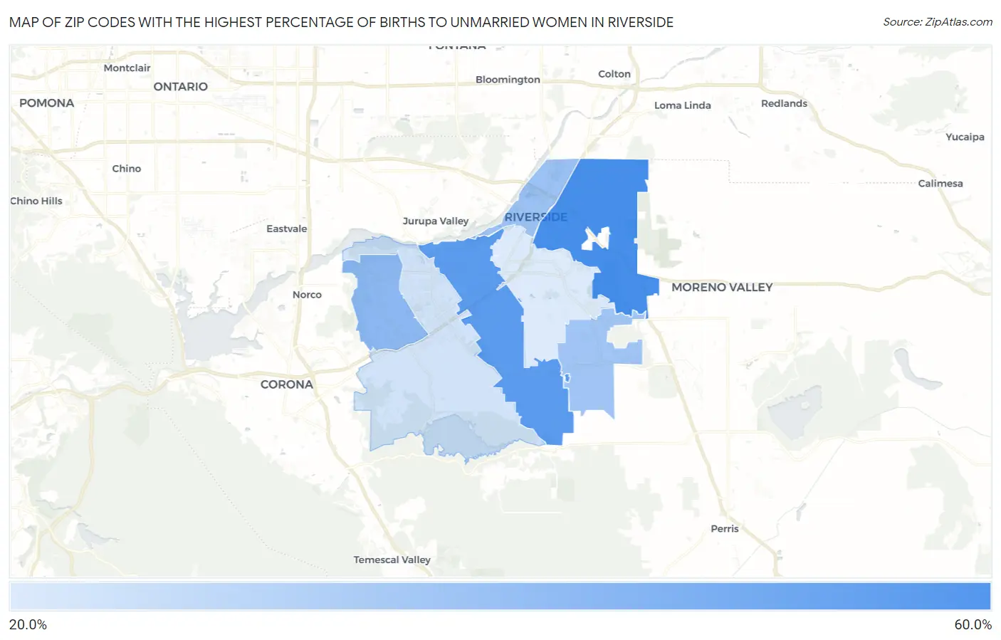 Zip Codes with the Highest Percentage of Births to Unmarried Women in Riverside Map