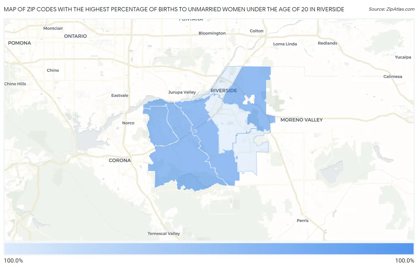 Zip Codes with the Highest Percentage of Births to Unmarried Women under the Age of 20 in Riverside Map
