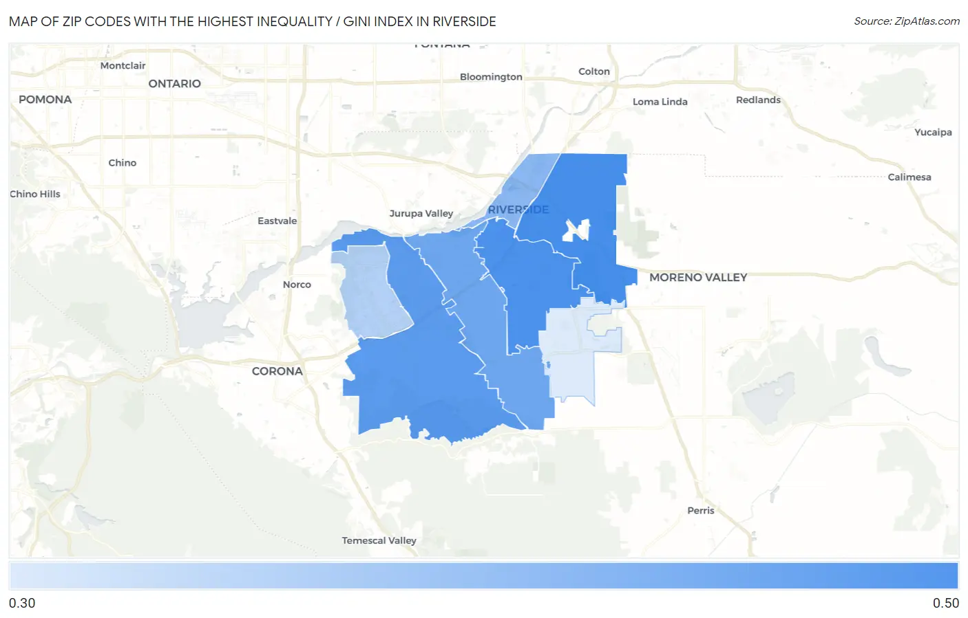 Zip Codes with the Highest Inequality / Gini Index in Riverside Map