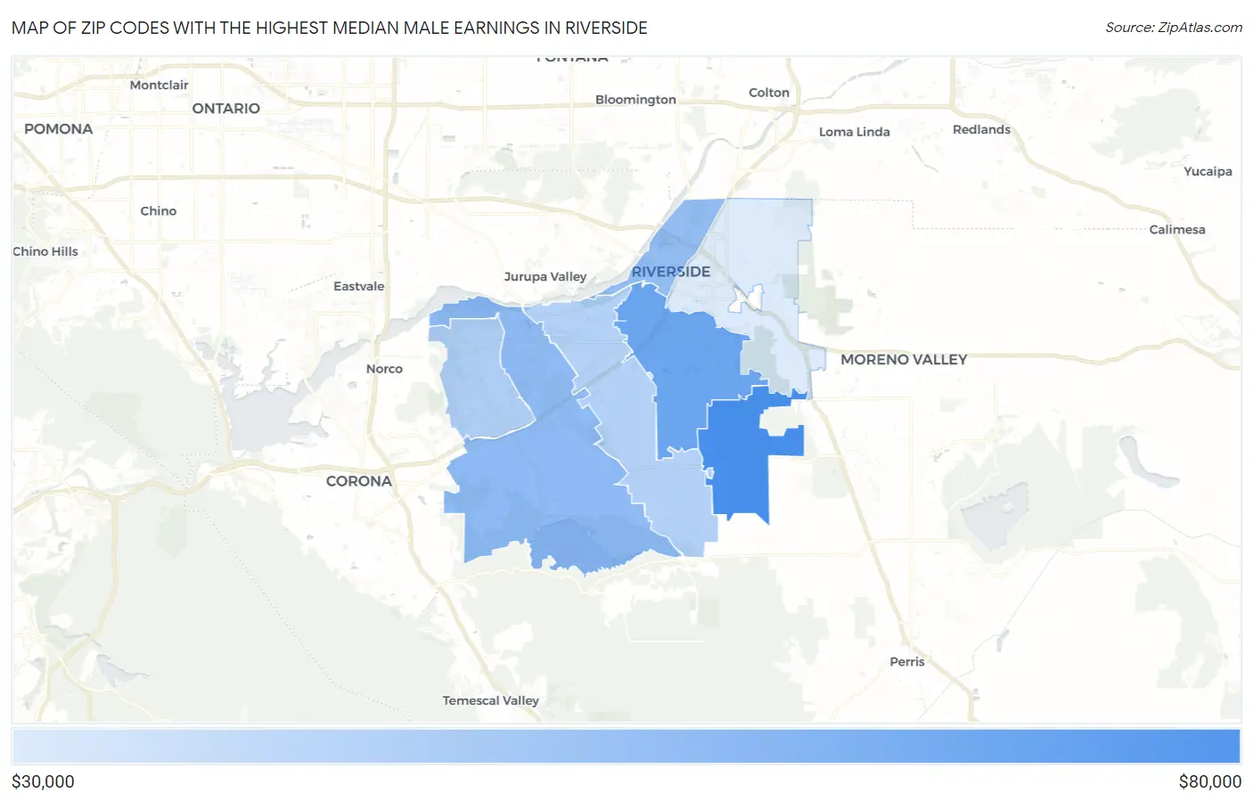 Zip Codes with the Highest Median Male Earnings in Riverside Map