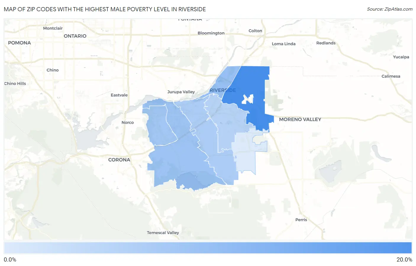 Zip Codes with the Highest Male Poverty Level in Riverside Map