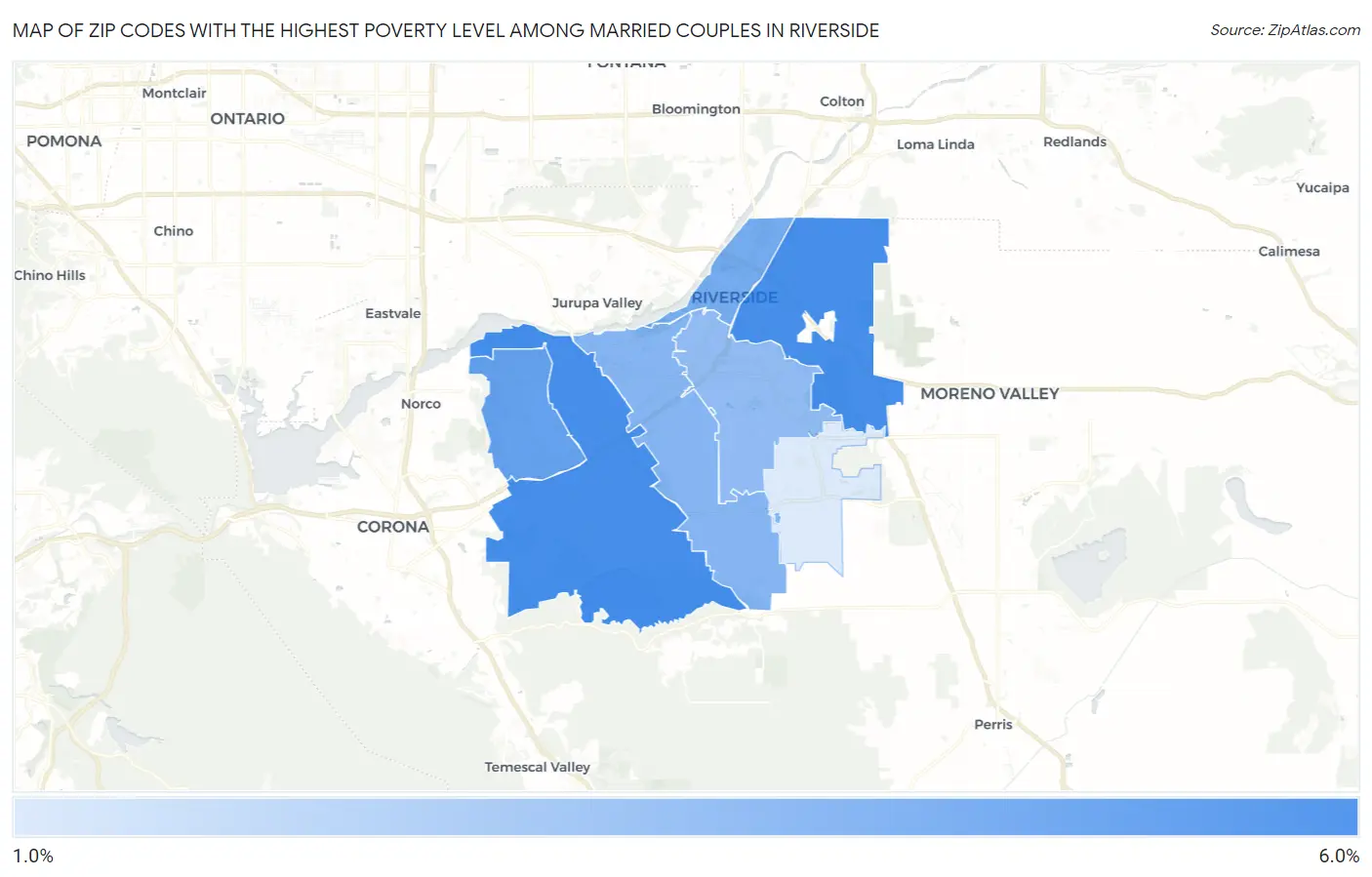 Zip Codes with the Highest Poverty Level Among Married Couples in Riverside Map