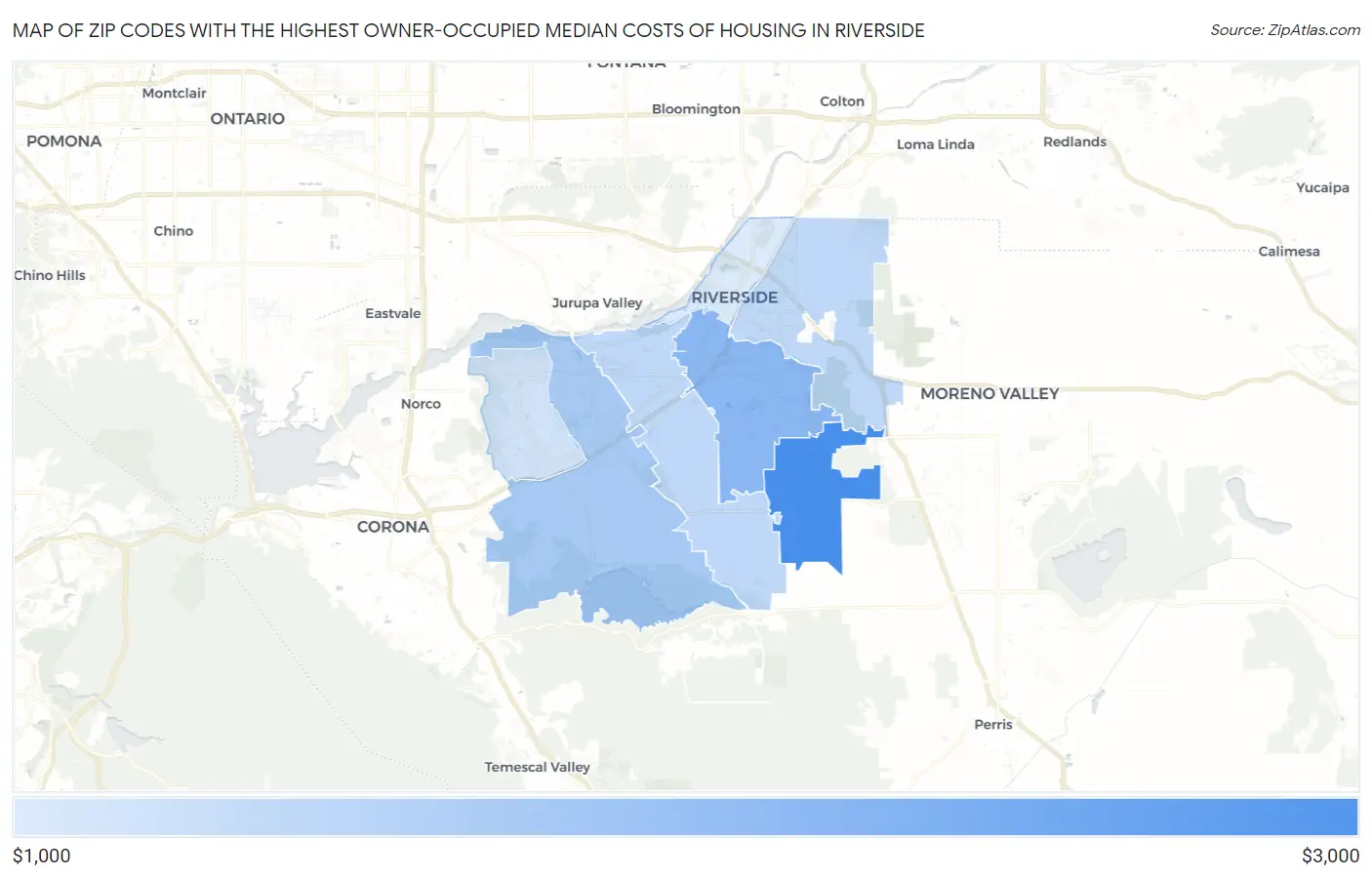 Zip Codes with the Highest Owner-Occupied Median Costs of Housing in Riverside Map