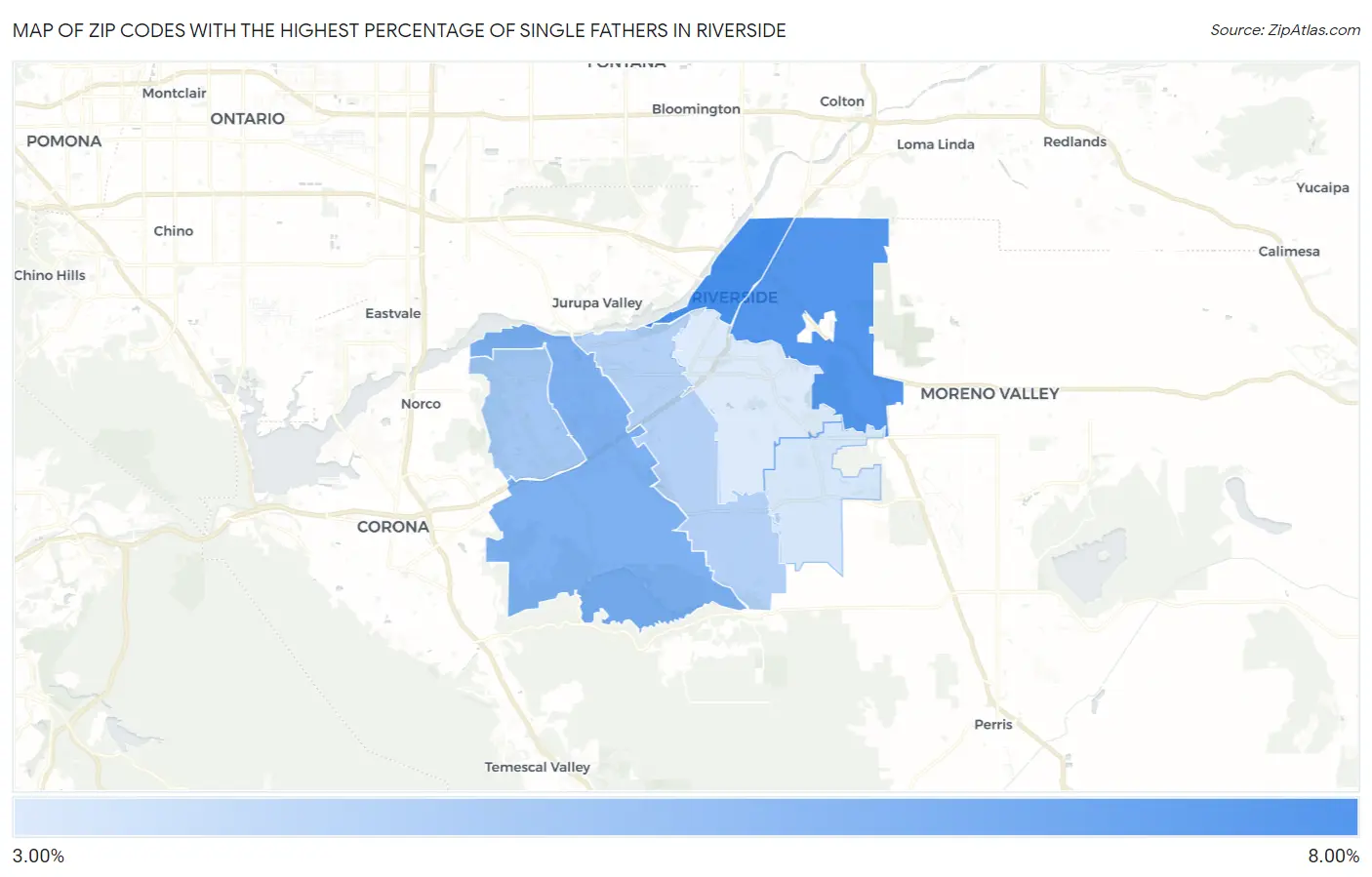 Zip Codes with the Highest Percentage of Single Fathers in Riverside Map