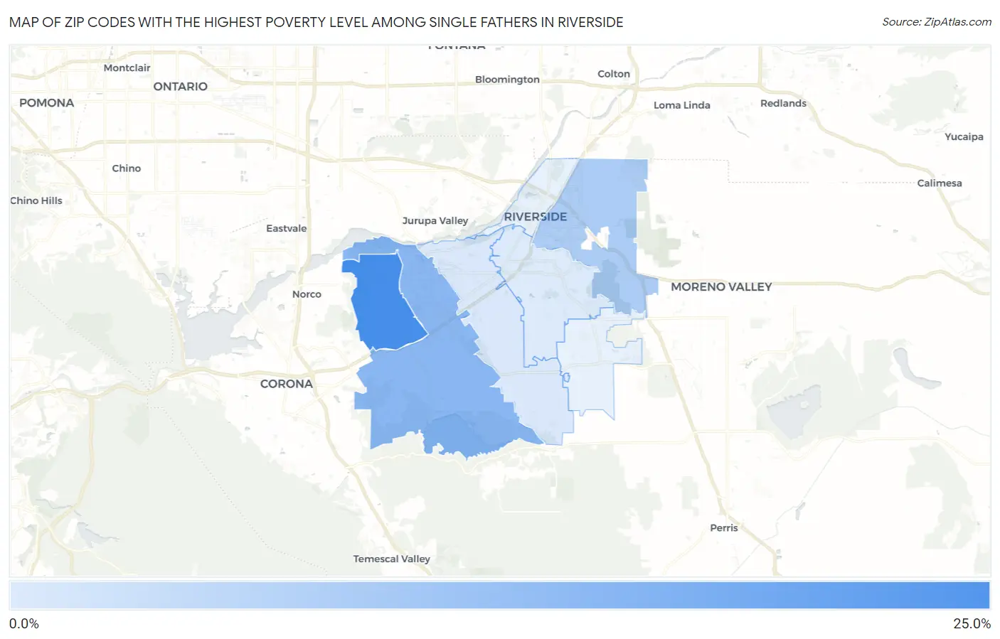 Zip Codes with the Highest Poverty Level Among Single Fathers in Riverside Map