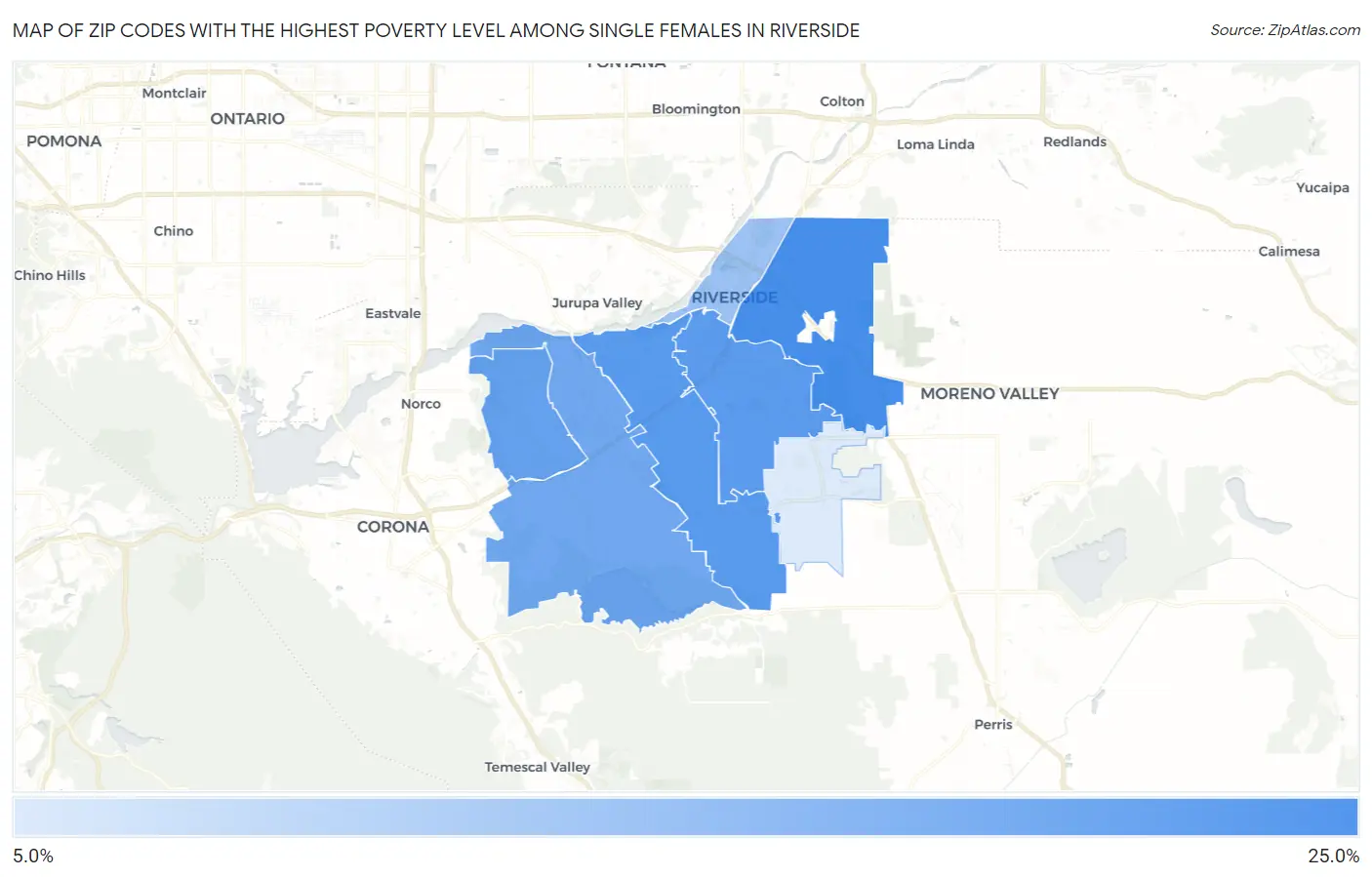 Zip Codes with the Highest Poverty Level Among Single Females in Riverside Map