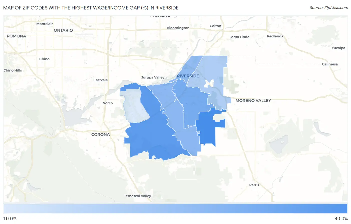Zip Codes with the Highest Wage/Income Gap (%) in Riverside Map