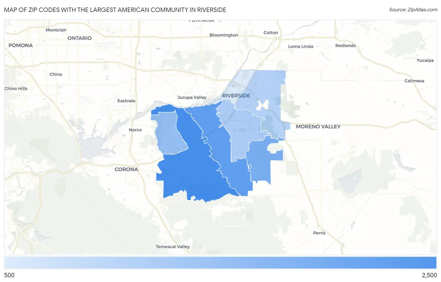 Zip Codes with the Largest American Community in Riverside Map
