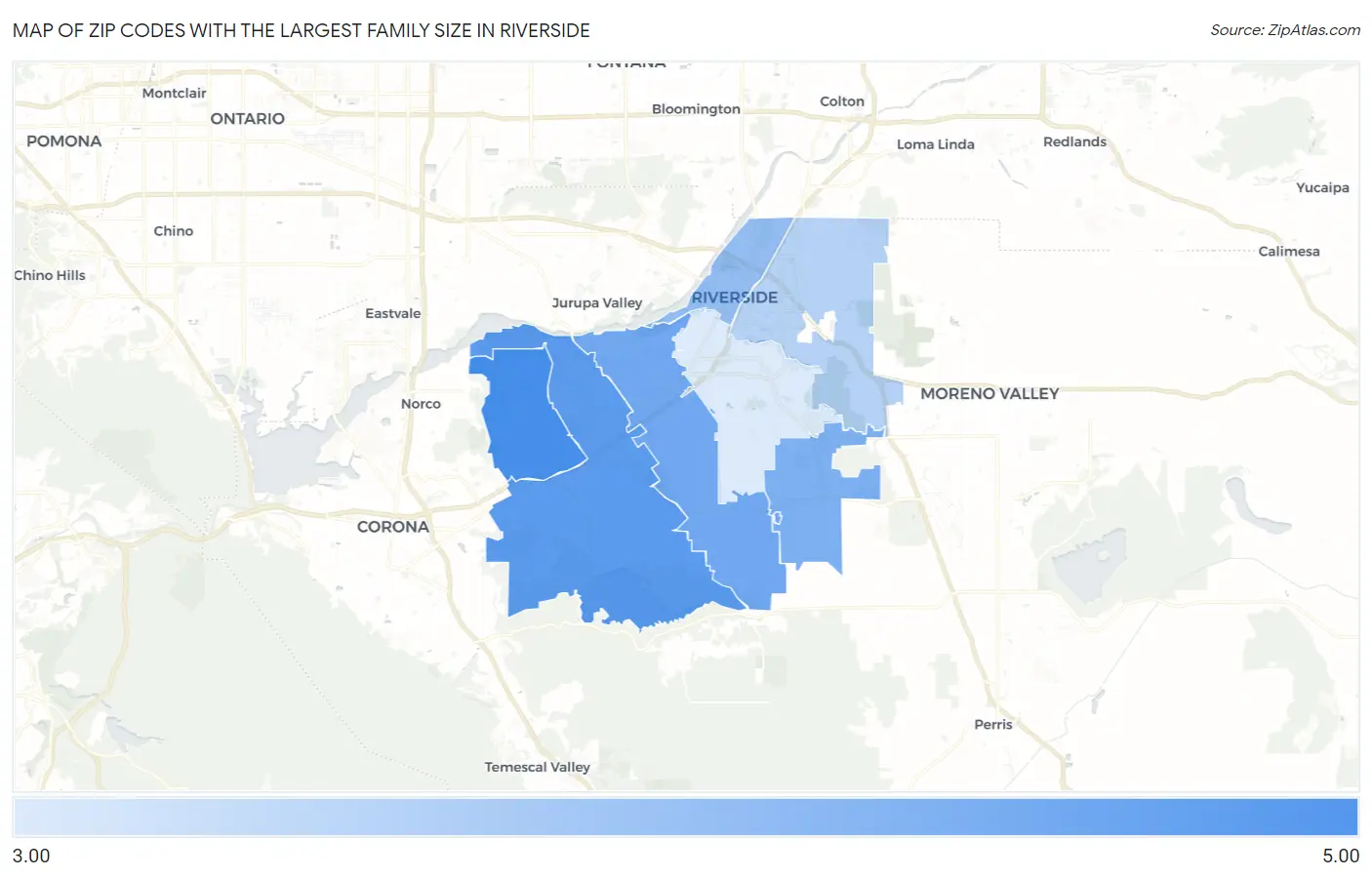 Zip Codes with the Largest Family Size in Riverside Map