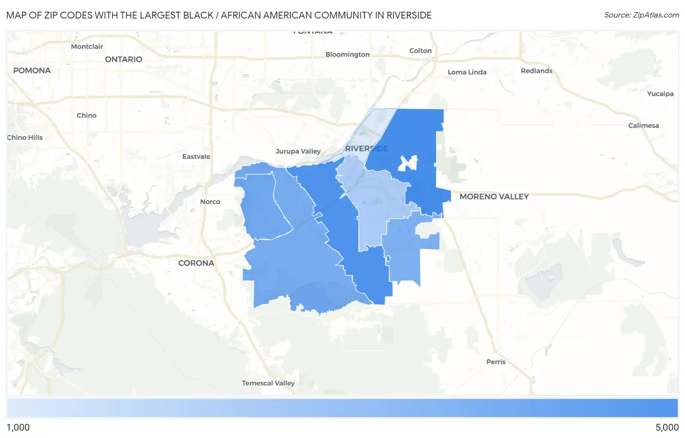 Zip Codes with the Largest Black / African American Community in Riverside Map