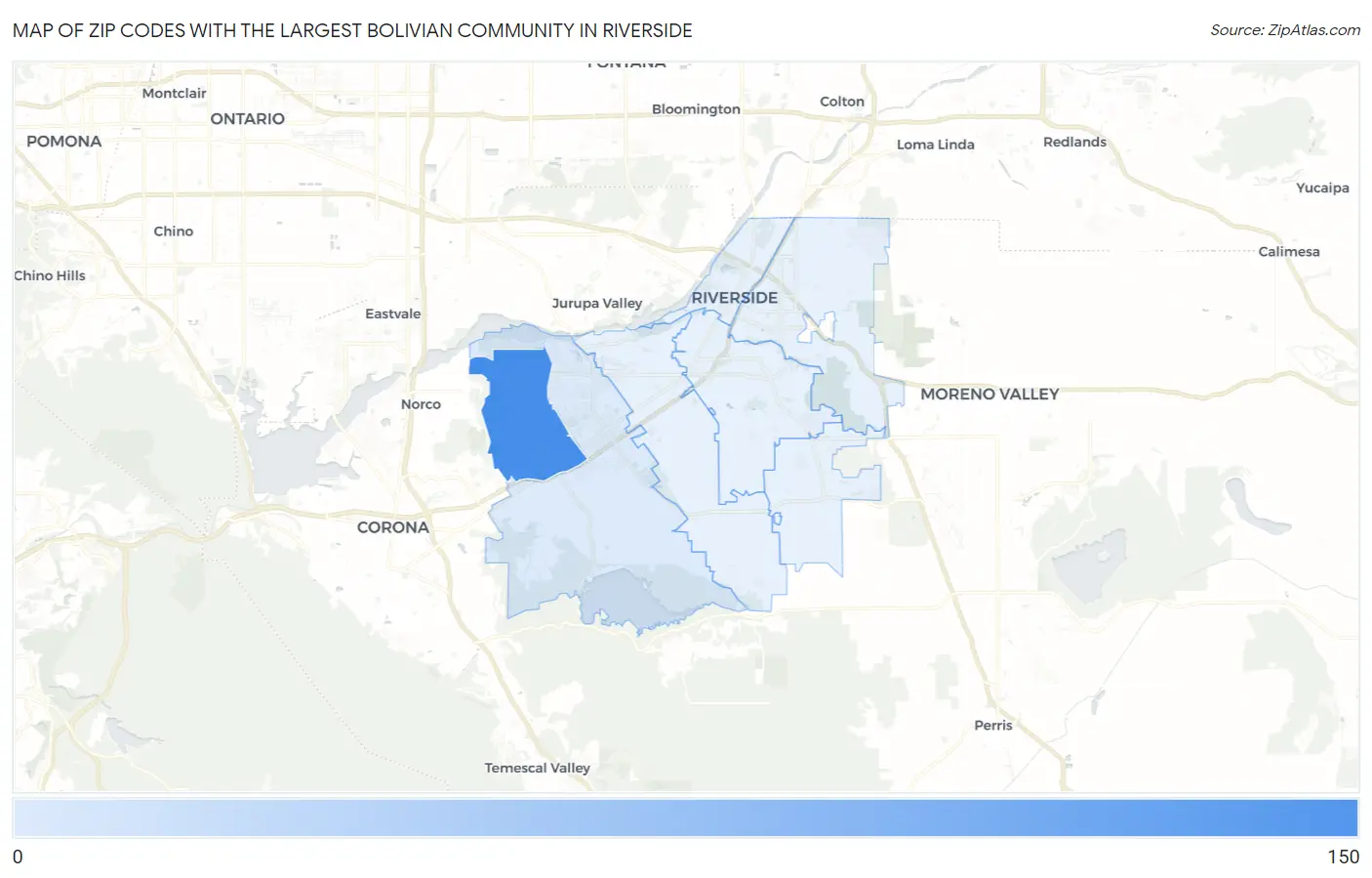Zip Codes with the Largest Bolivian Community in Riverside Map