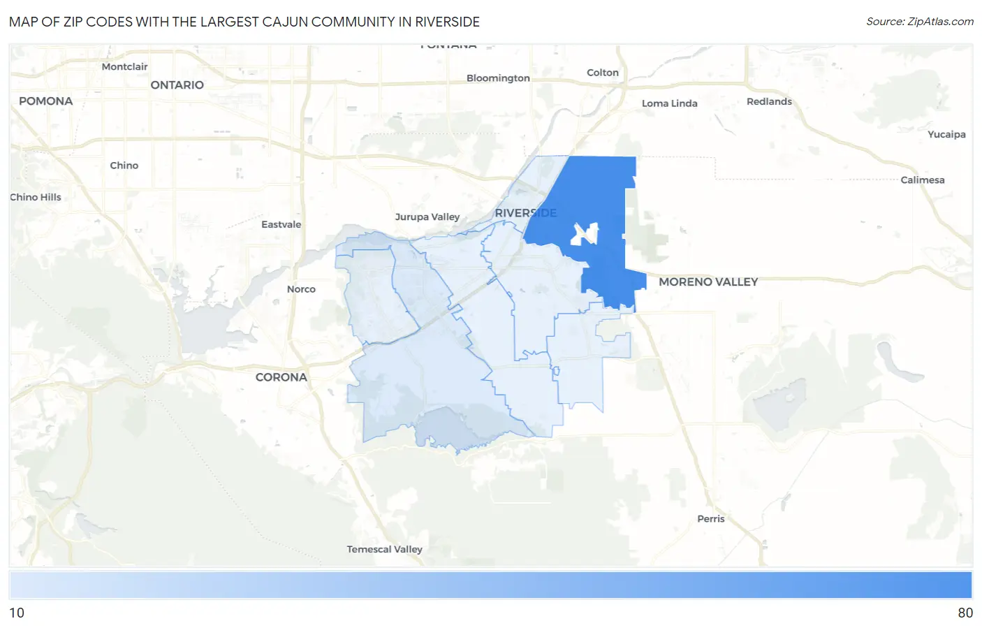 Zip Codes with the Largest Cajun Community in Riverside Map