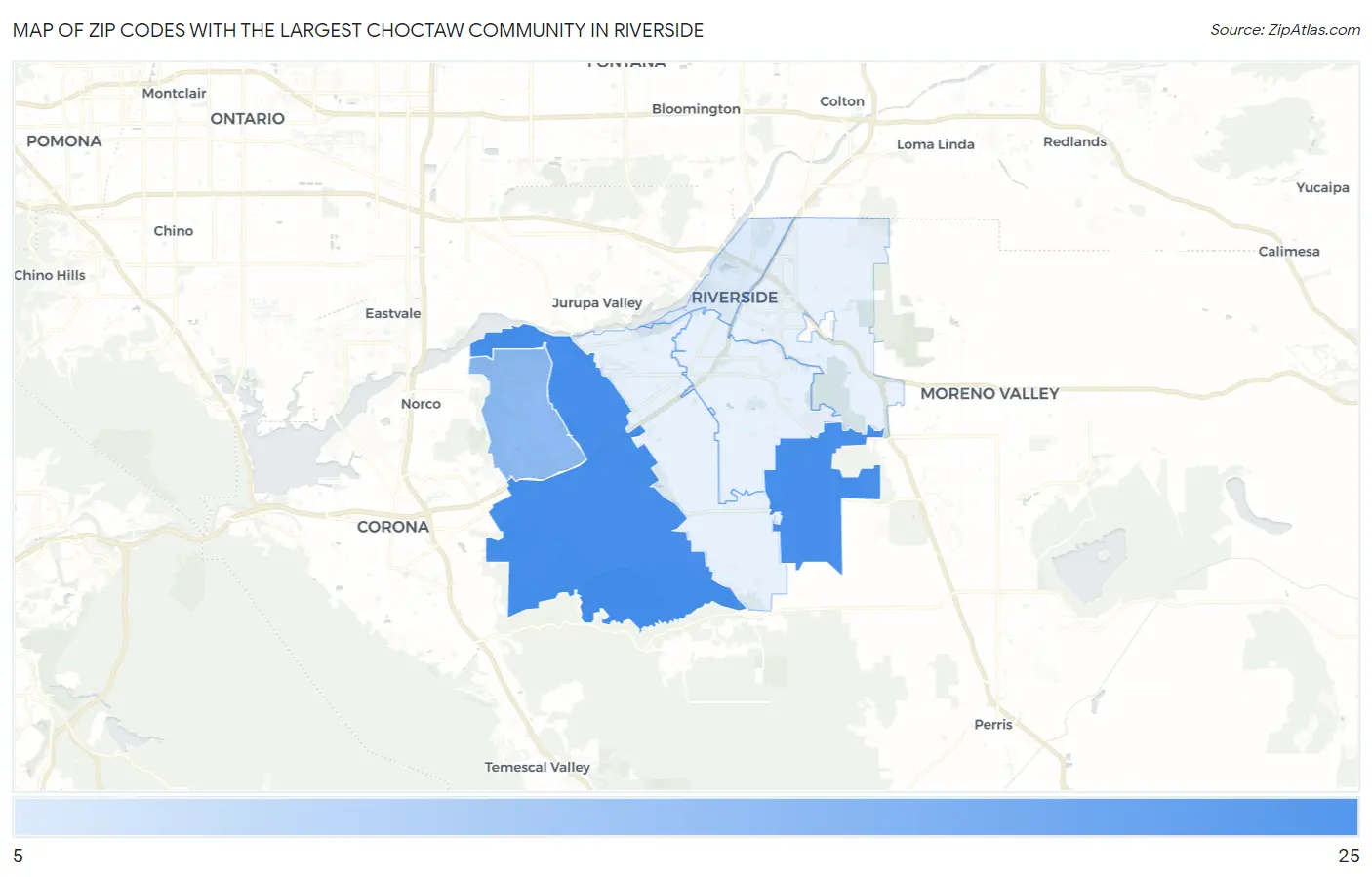 Zip Codes with the Largest Choctaw Community in Riverside Map