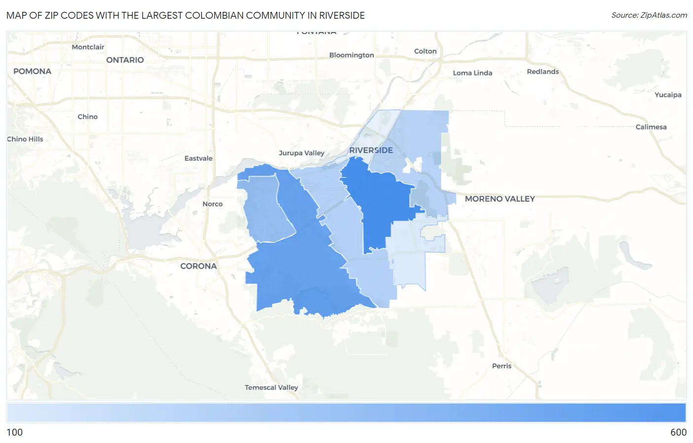 Zip Codes with the Largest Colombian Community in Riverside Map