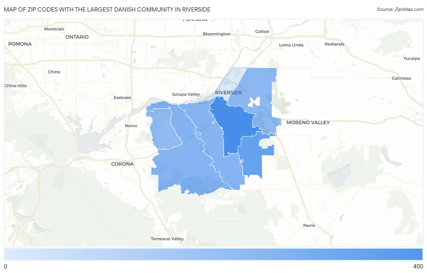 Zip Codes with the Largest Danish Community in Riverside Map