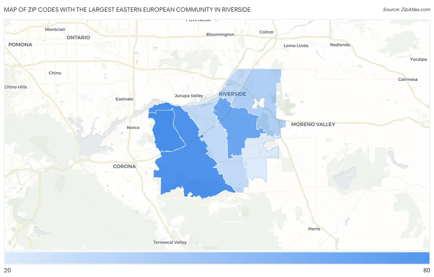 Zip Codes with the Largest Eastern European Community in Riverside Map