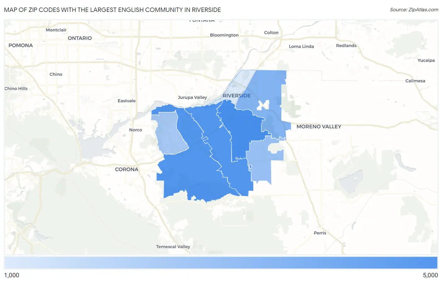 Zip Codes with the Largest English Community in Riverside Map