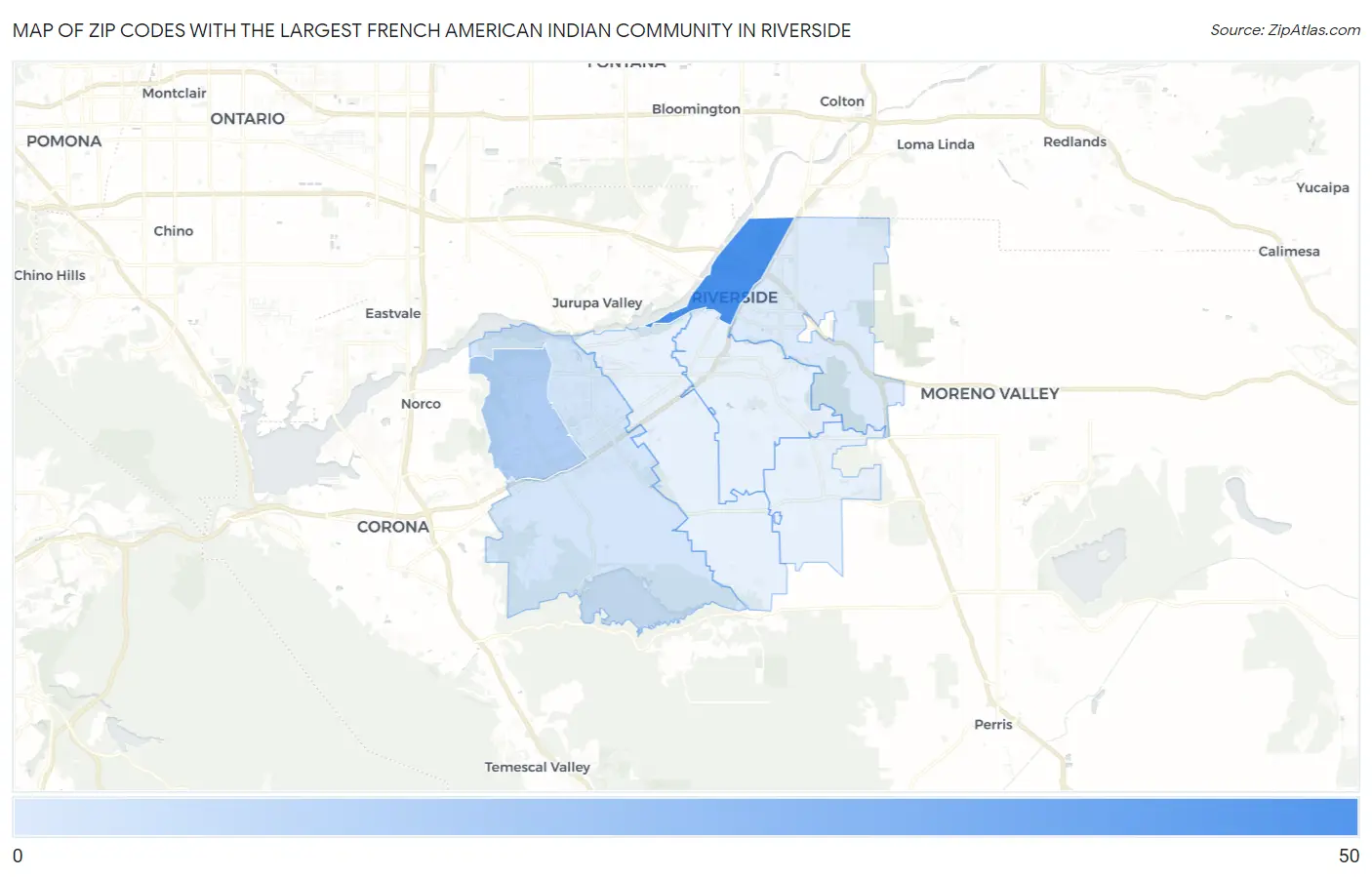 Zip Codes with the Largest French American Indian Community in Riverside Map
