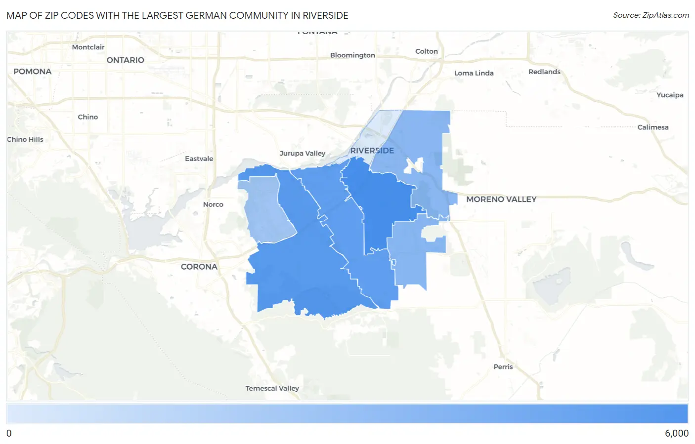 Zip Codes with the Largest German Community in Riverside Map