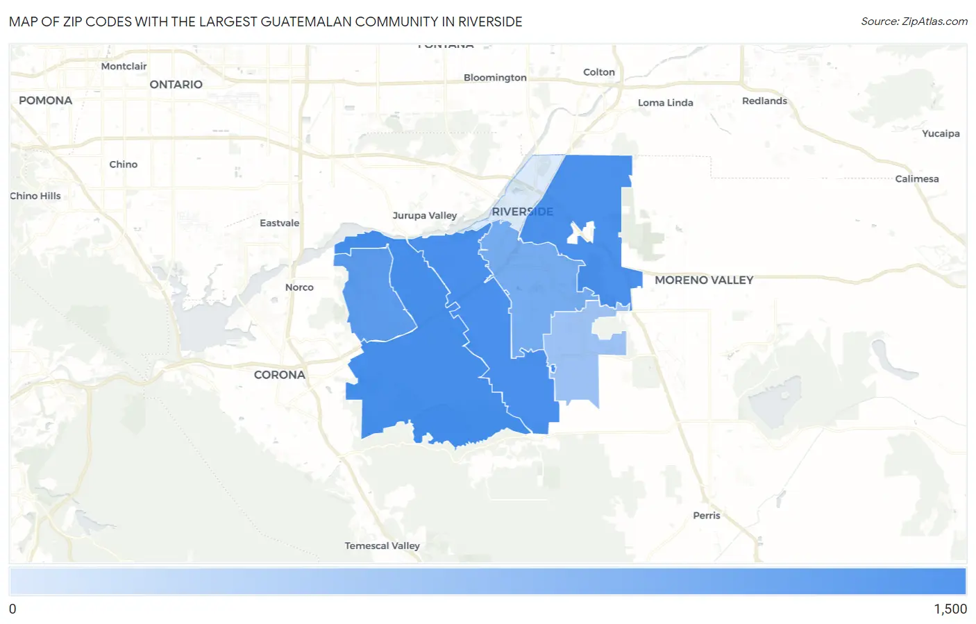 Zip Codes with the Largest Guatemalan Community in Riverside Map