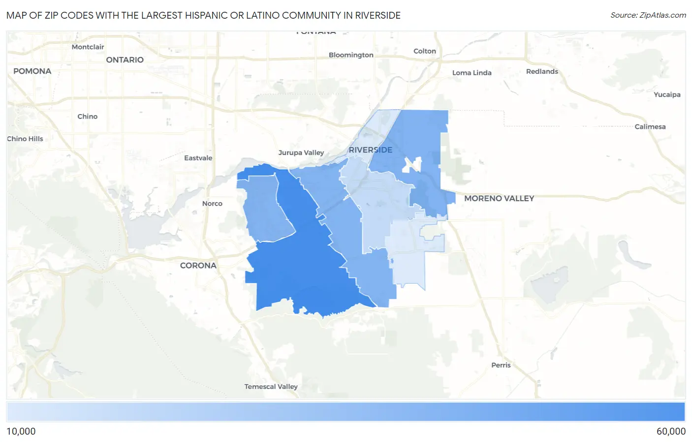 Zip Codes with the Largest Hispanic or Latino Community in Riverside Map