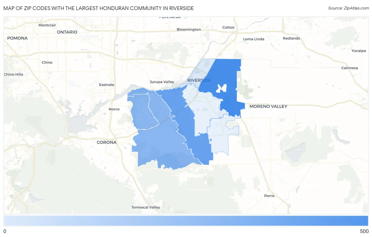 Zip Codes with the Largest Honduran Community in Riverside Map
