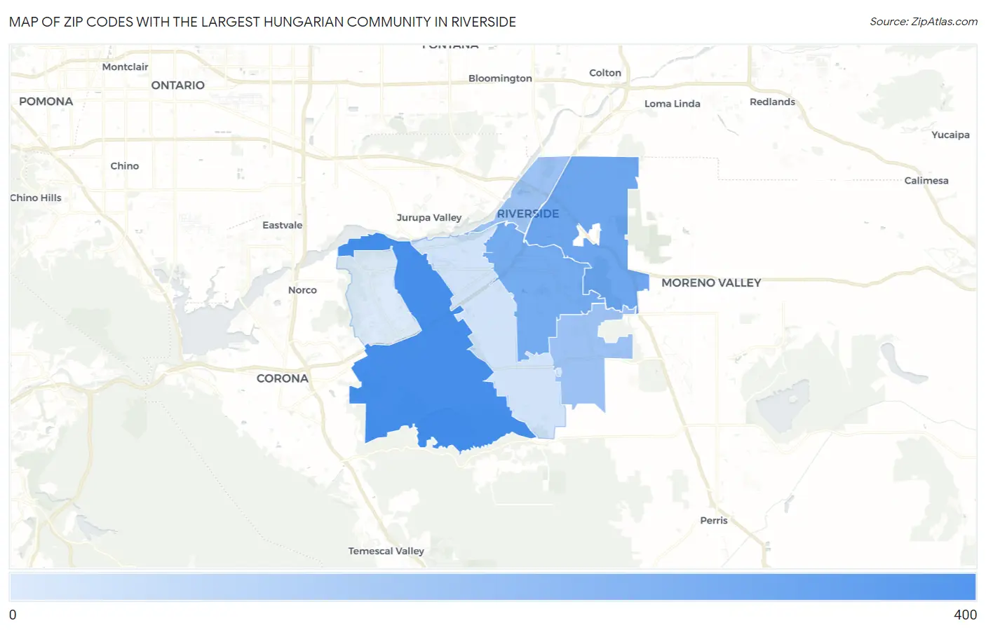 Zip Codes with the Largest Hungarian Community in Riverside Map