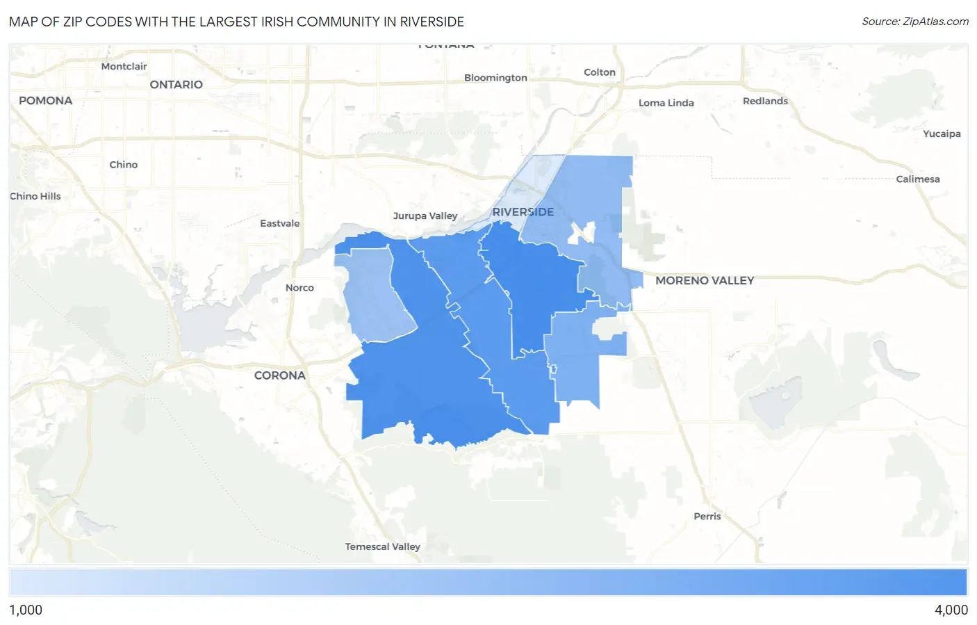 Zip Codes with the Largest Irish Community in Riverside Map