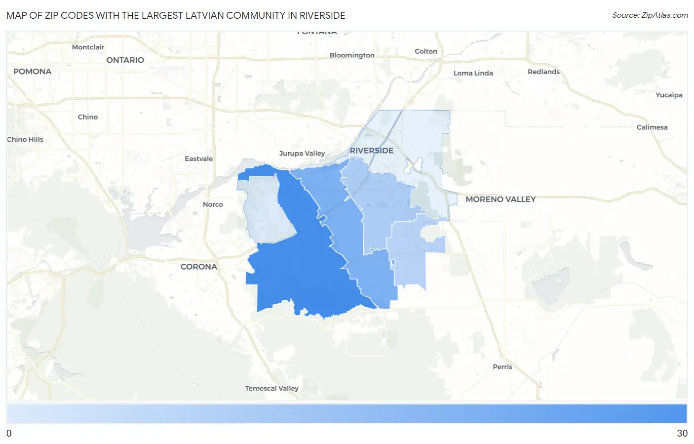 Zip Codes with the Largest Latvian Community in Riverside Map