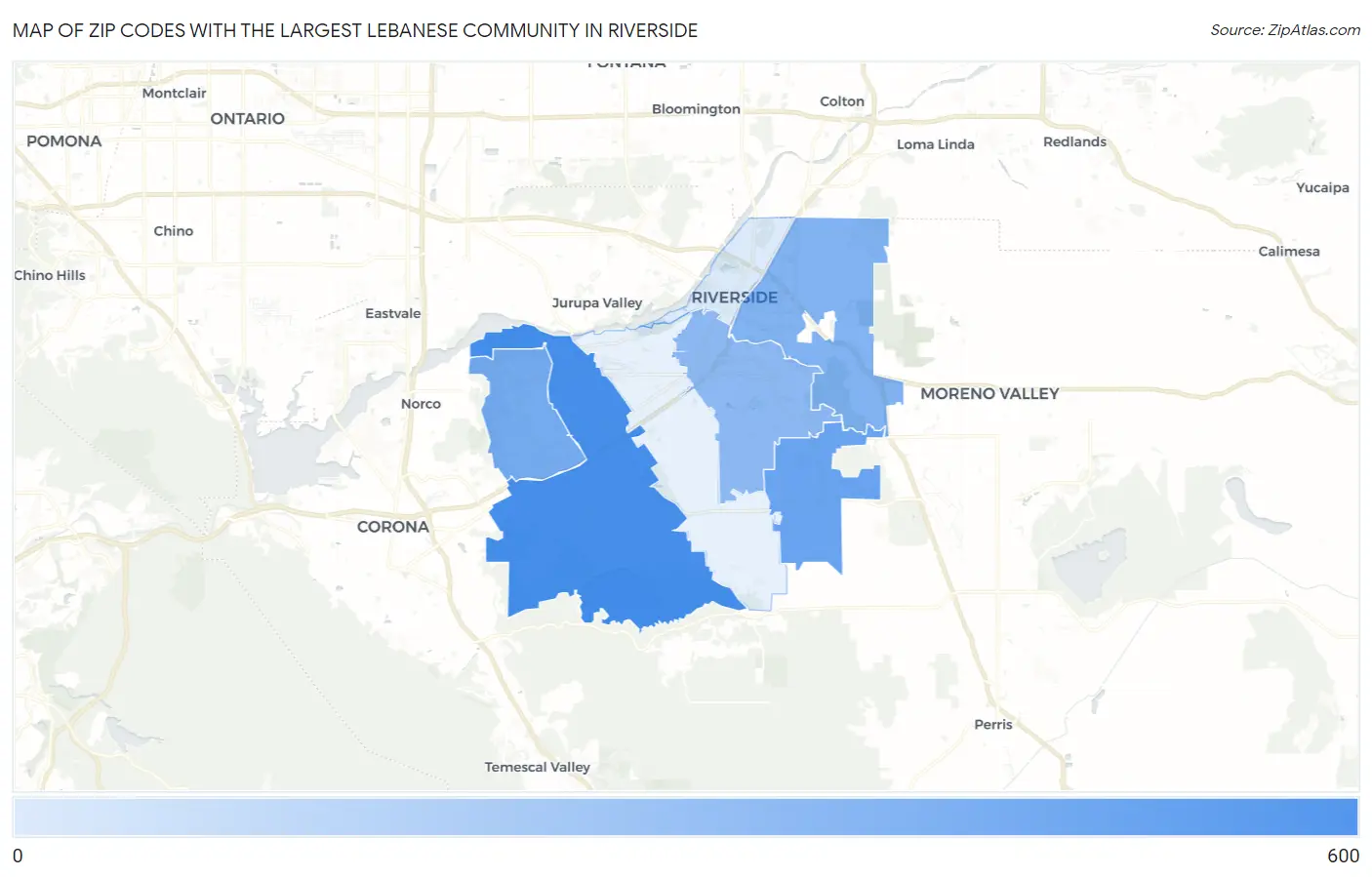 Zip Codes with the Largest Lebanese Community in Riverside Map
