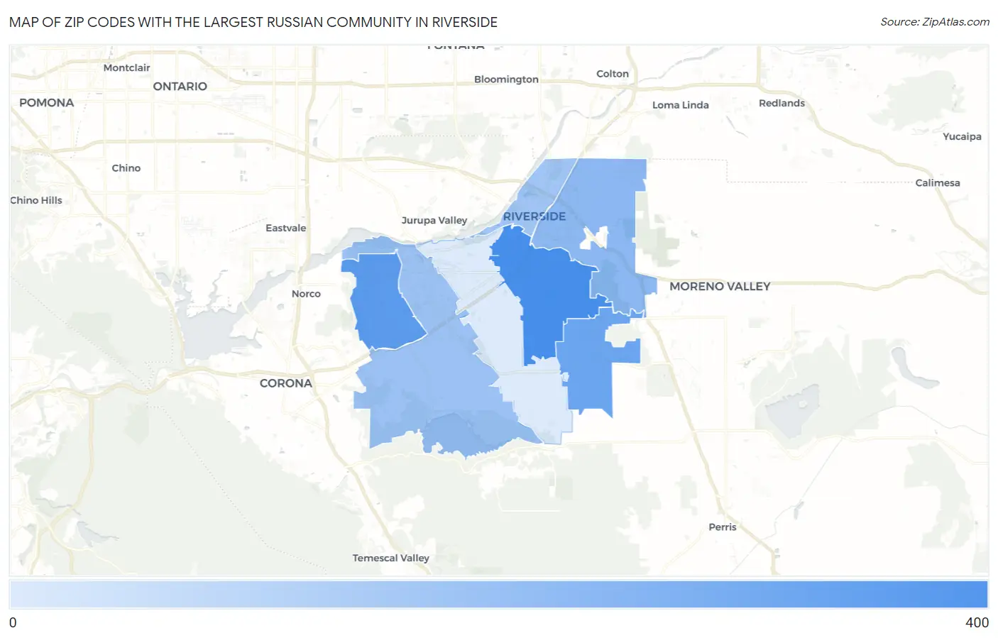 Zip Codes with the Largest Russian Community in Riverside Map