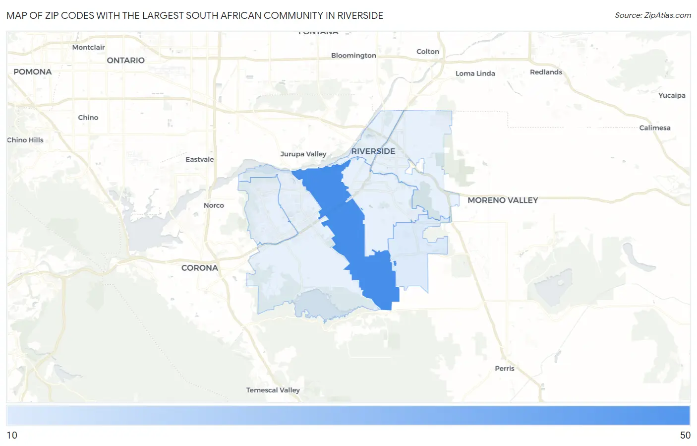 Zip Codes with the Largest South African Community in Riverside Map