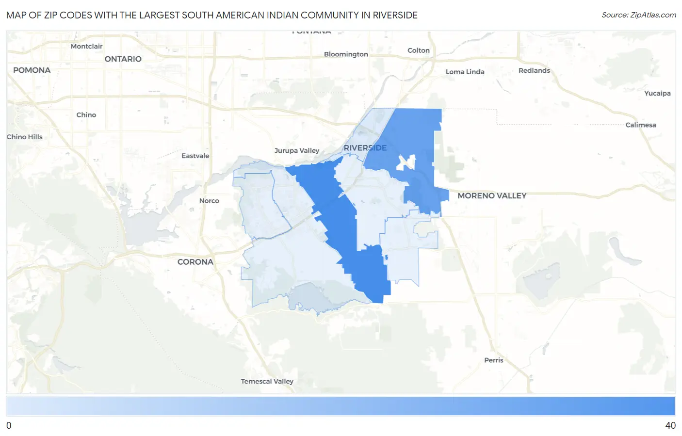Zip Codes with the Largest South American Indian Community in Riverside Map