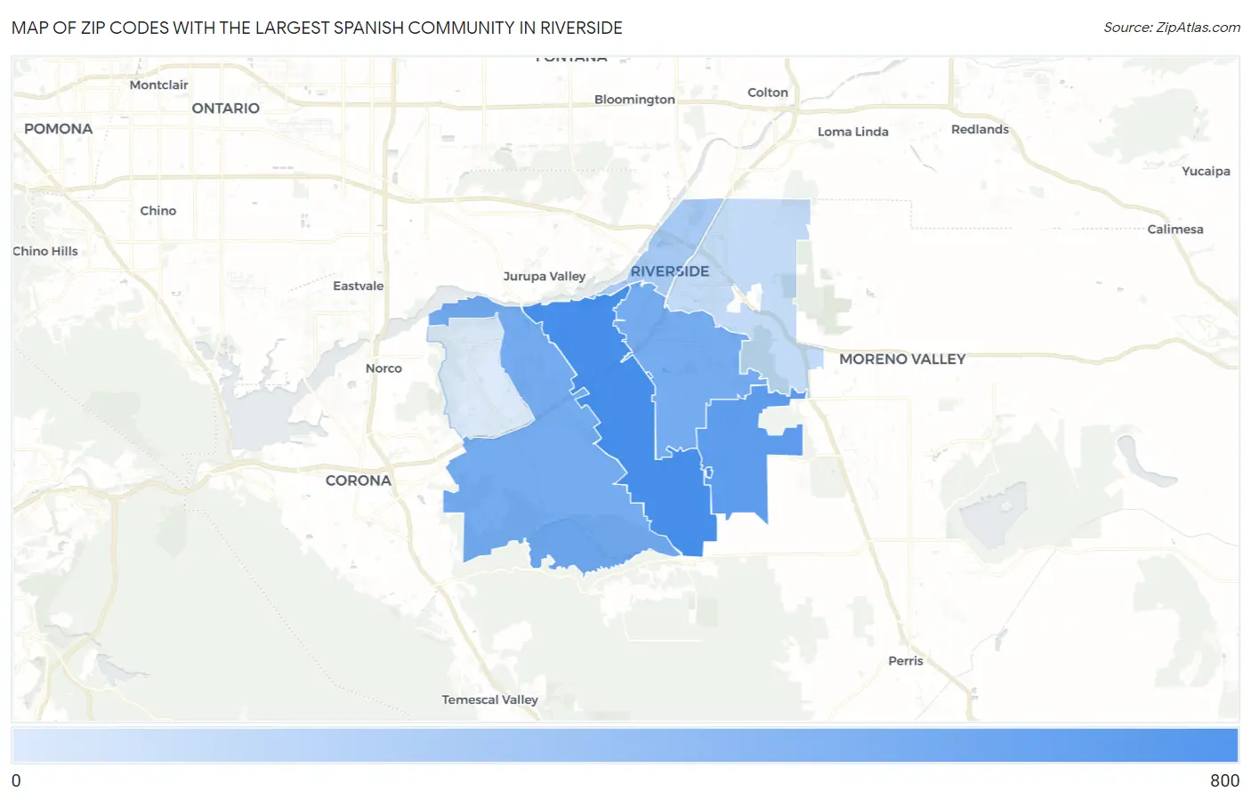 Zip Codes with the Largest Spanish Community in Riverside Map