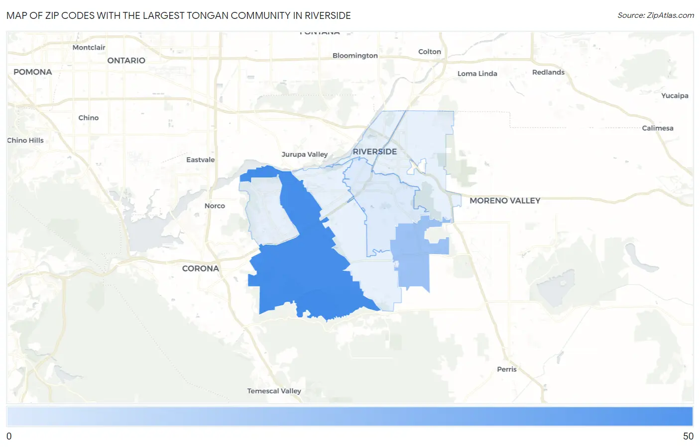 Zip Codes with the Largest Tongan Community in Riverside Map