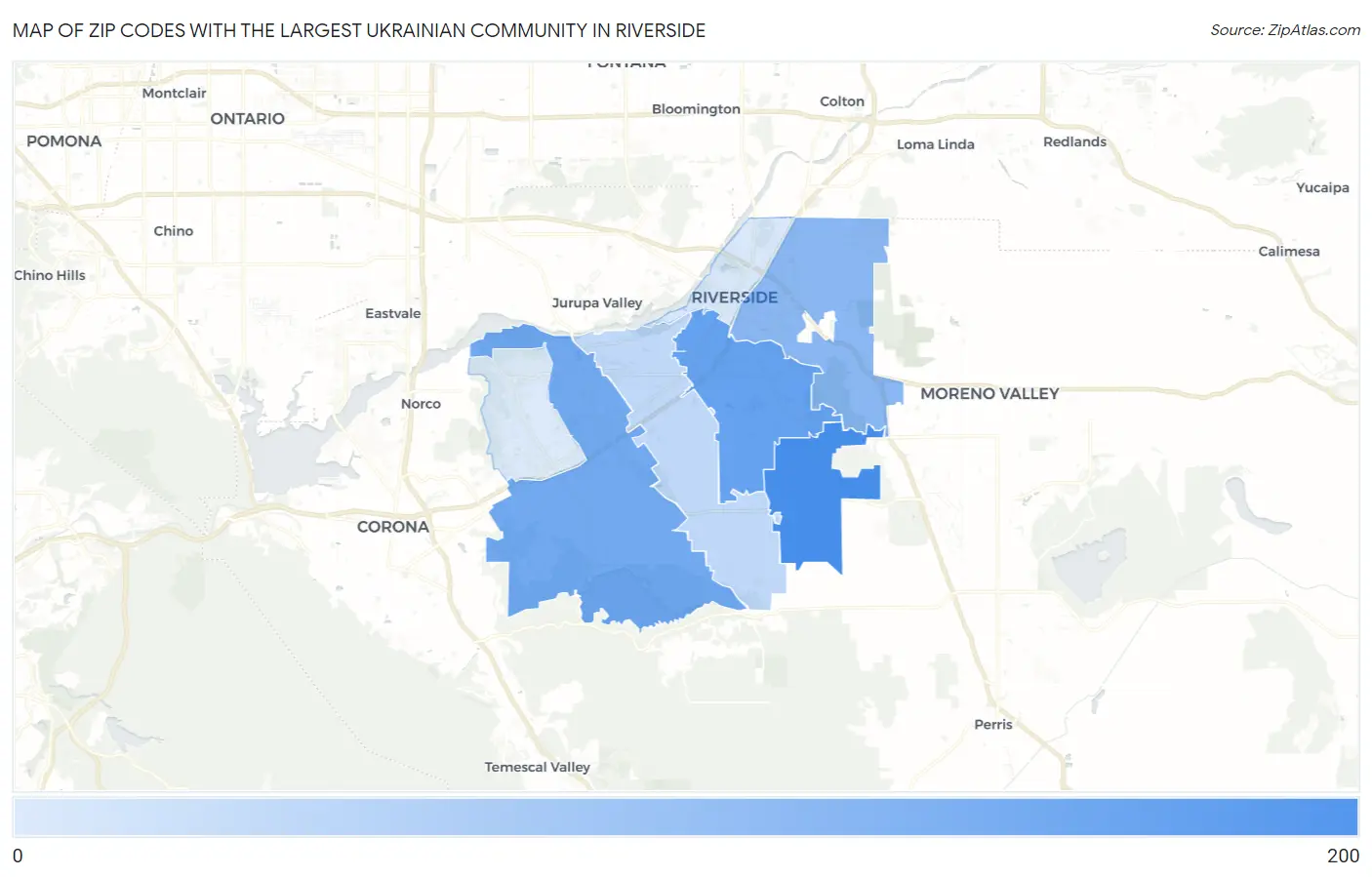 Zip Codes with the Largest Ukrainian Community in Riverside Map