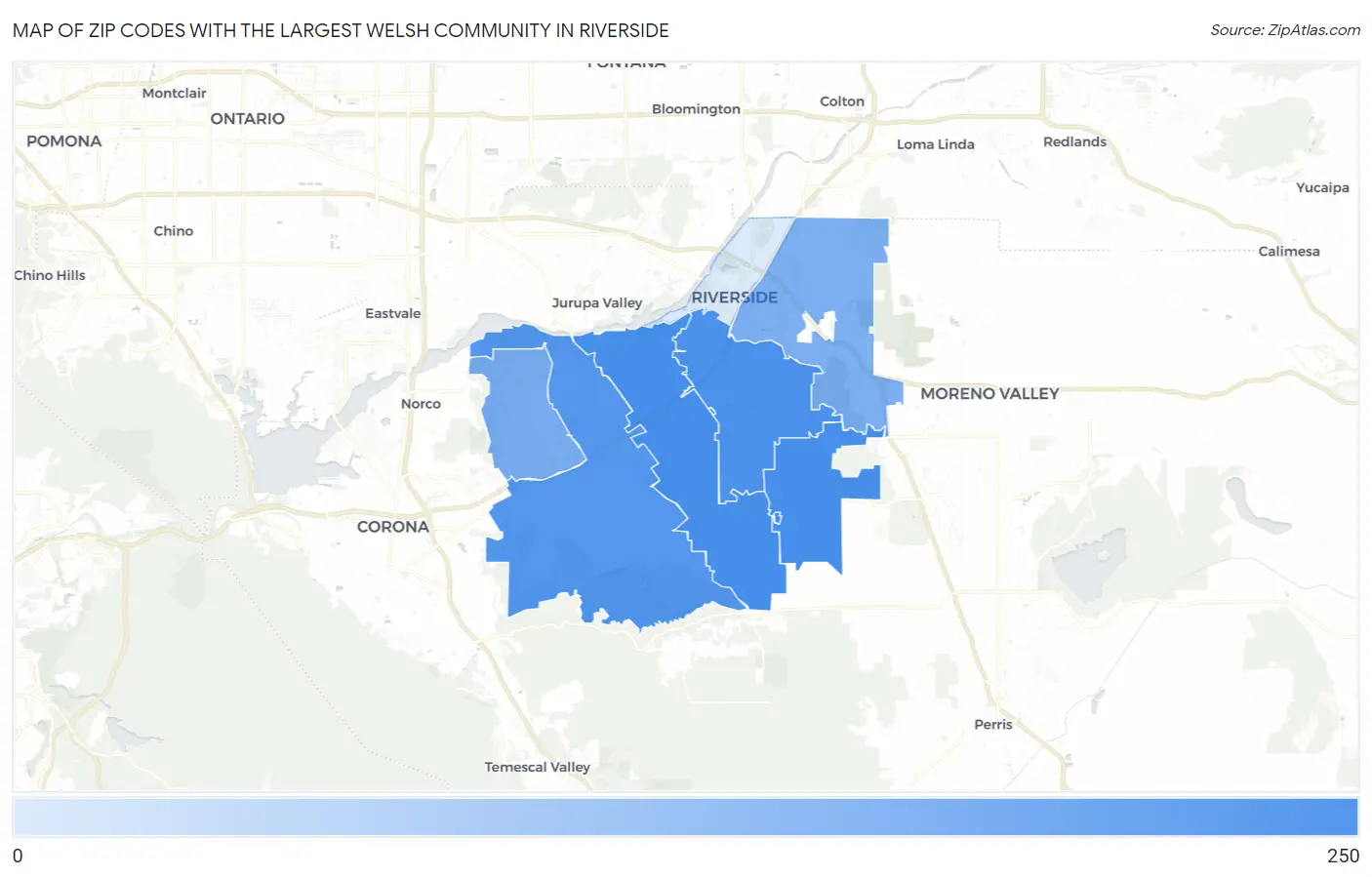 Zip Codes with the Largest Welsh Community in Riverside Map