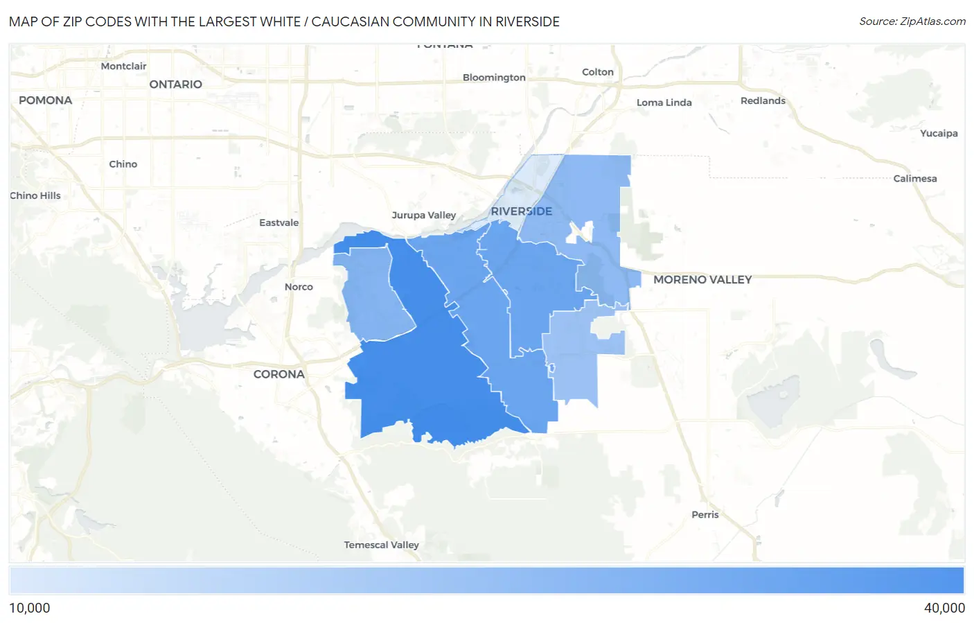 Zip Codes with the Largest White / Caucasian Community in Riverside Map