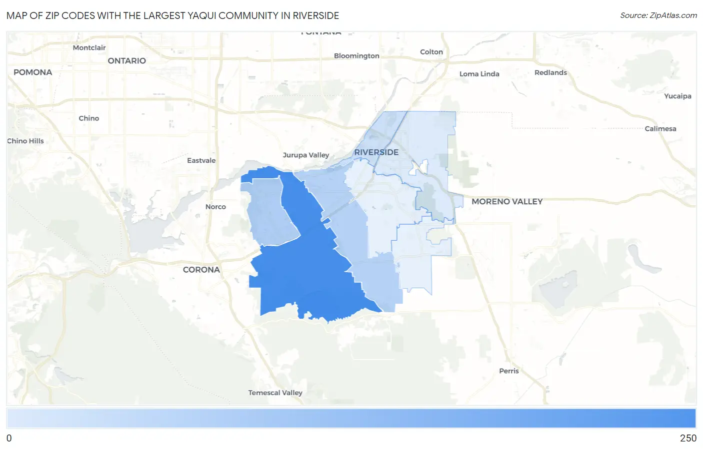 Zip Codes with the Largest Yaqui Community in Riverside Map