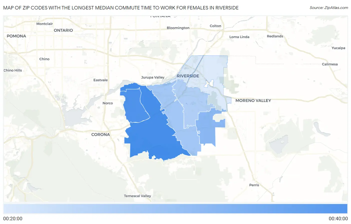 Zip Codes with the Longest Median Commute Time to Work for Females in Riverside Map