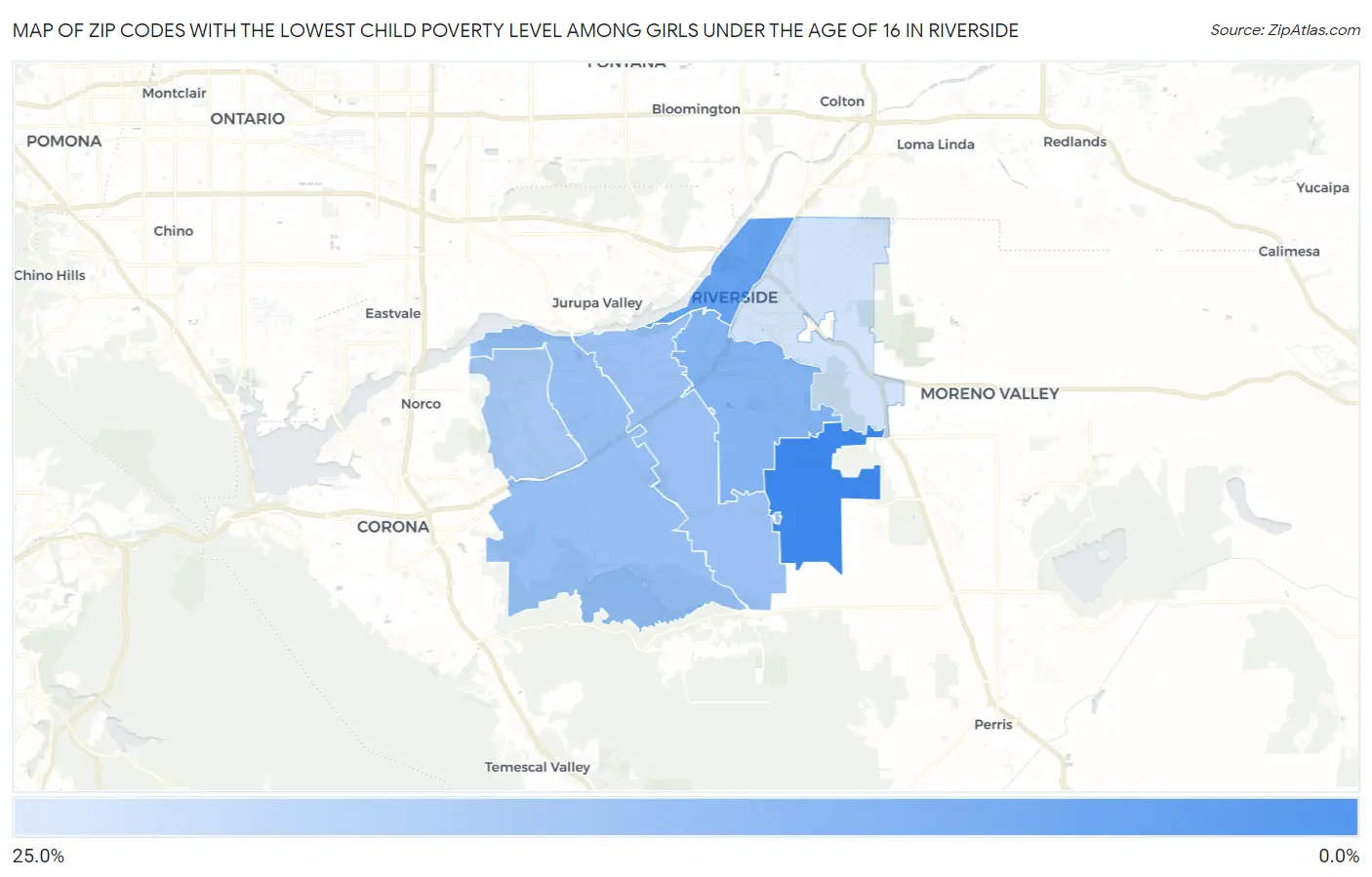 Zip Codes with the Lowest Child Poverty Level Among Girls Under the Age of 16 in Riverside Map