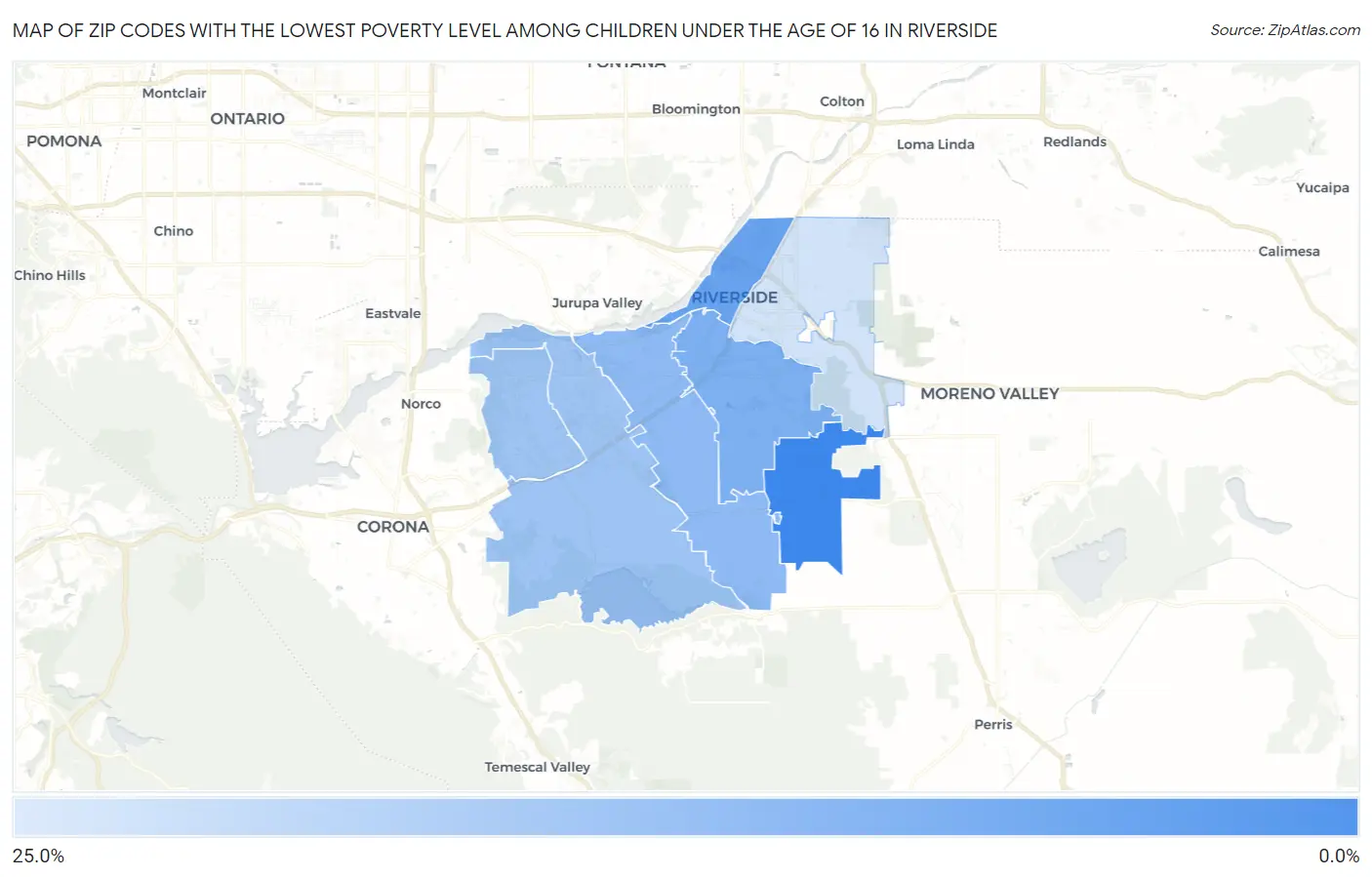 Zip Codes with the Lowest Poverty Level Among Children Under the Age of 16 in Riverside Map