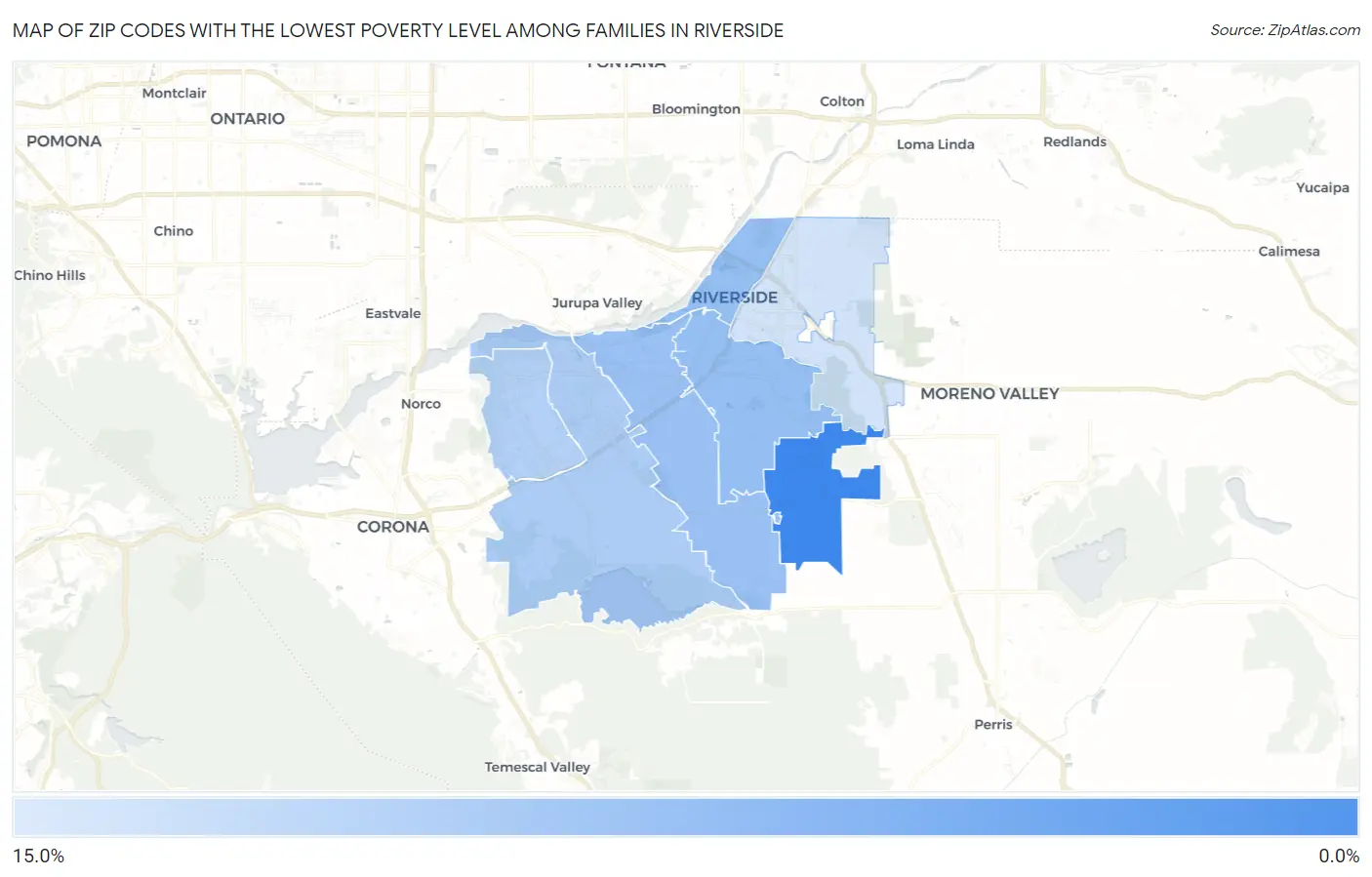 Zip Codes with the Lowest Poverty Level Among Families in Riverside Map