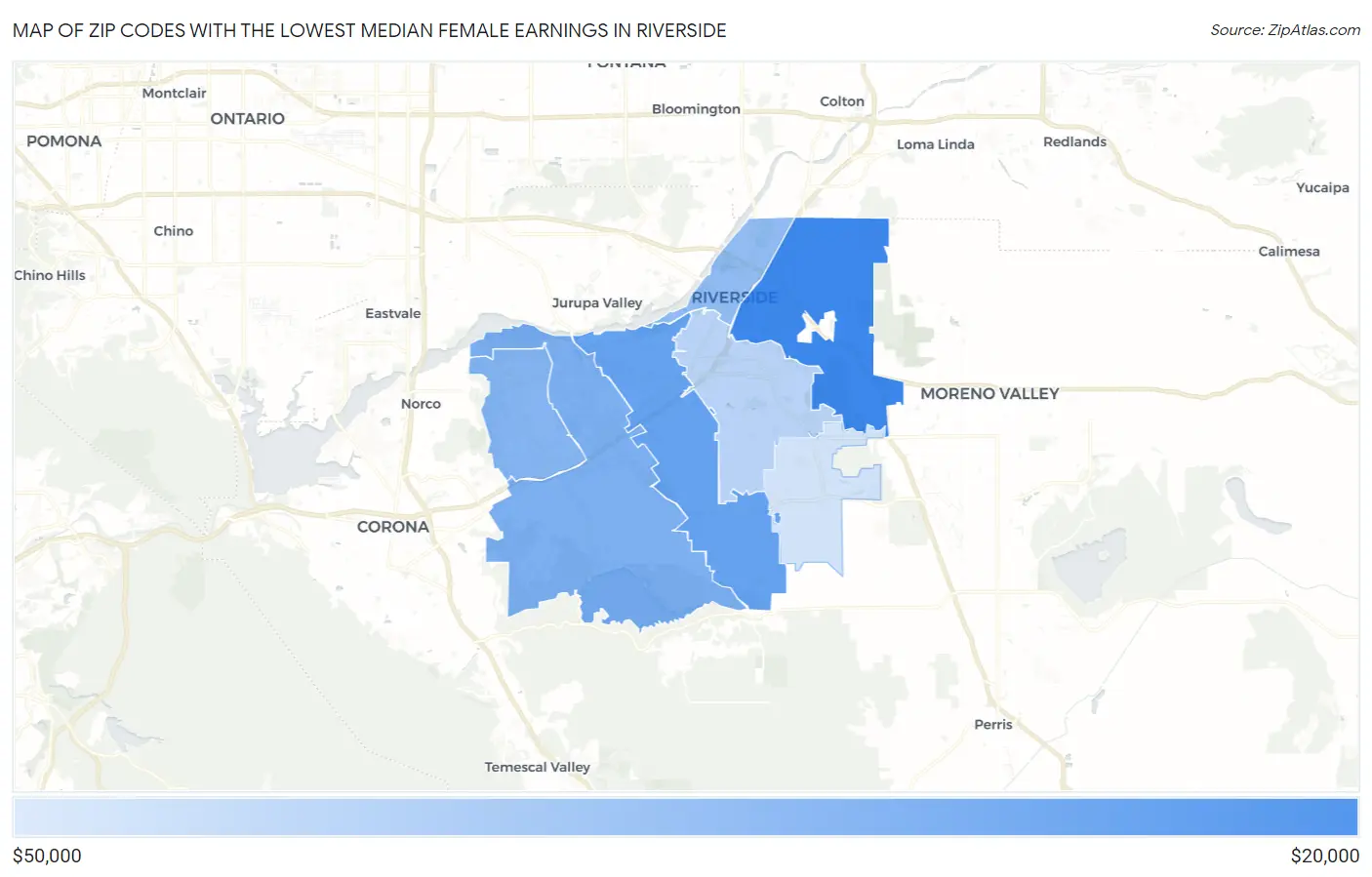 Zip Codes with the Lowest Median Female Earnings in Riverside Map