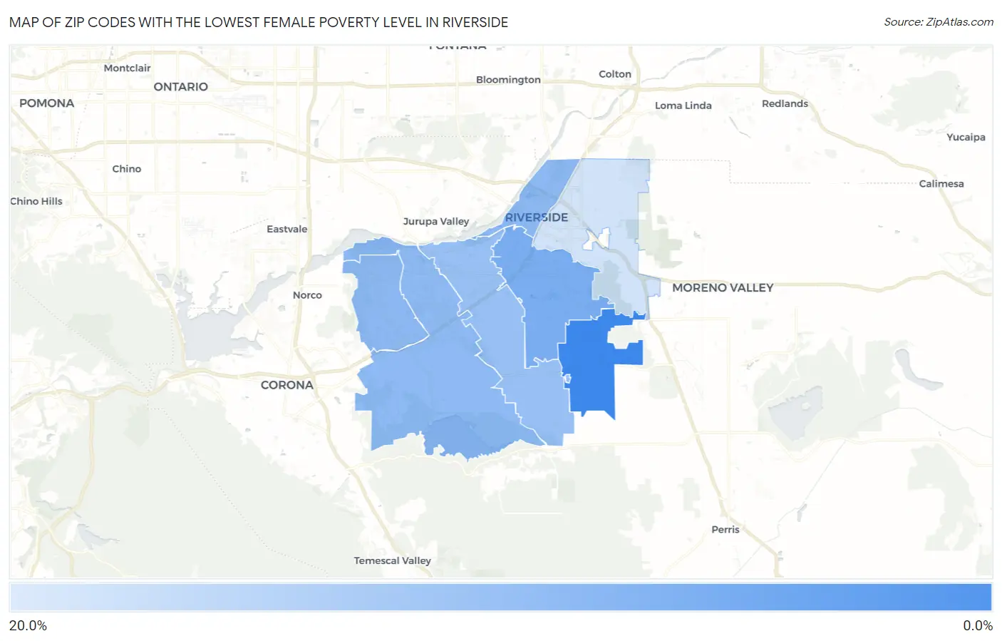 Zip Codes with the Lowest Female Poverty Level in Riverside Map