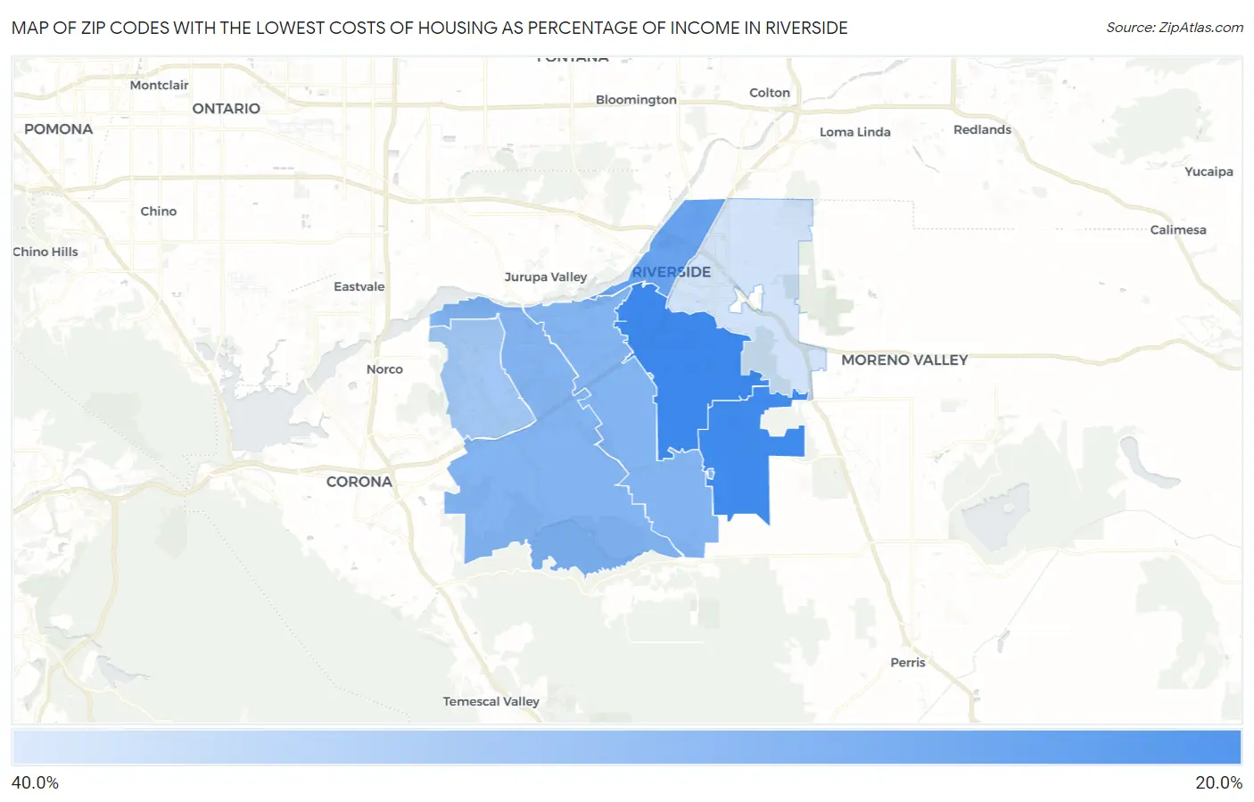 Zip Codes with the Lowest Costs of Housing as Percentage of Income in Riverside Map