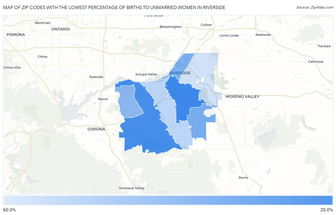 Zip Codes with the Lowest Percentage of Births to Unmarried Women in Riverside Map